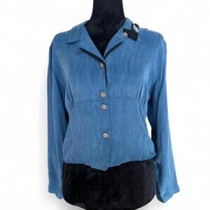 90s Blue Button Up Blouse – minimalist sculptural cut top M